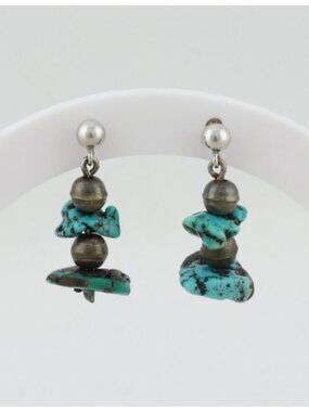Sterling Silver Natural Turquoise Nugget Earrings Dangle Drop 1" x 1/2" inch